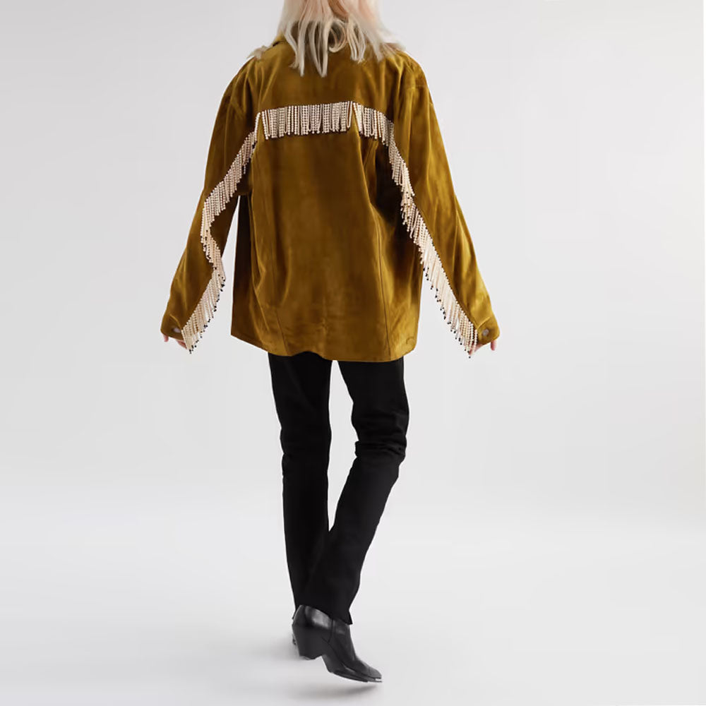 Men Brown Trucker Cowboy Faux Pearl Sheepskin Suede Leather Jacket