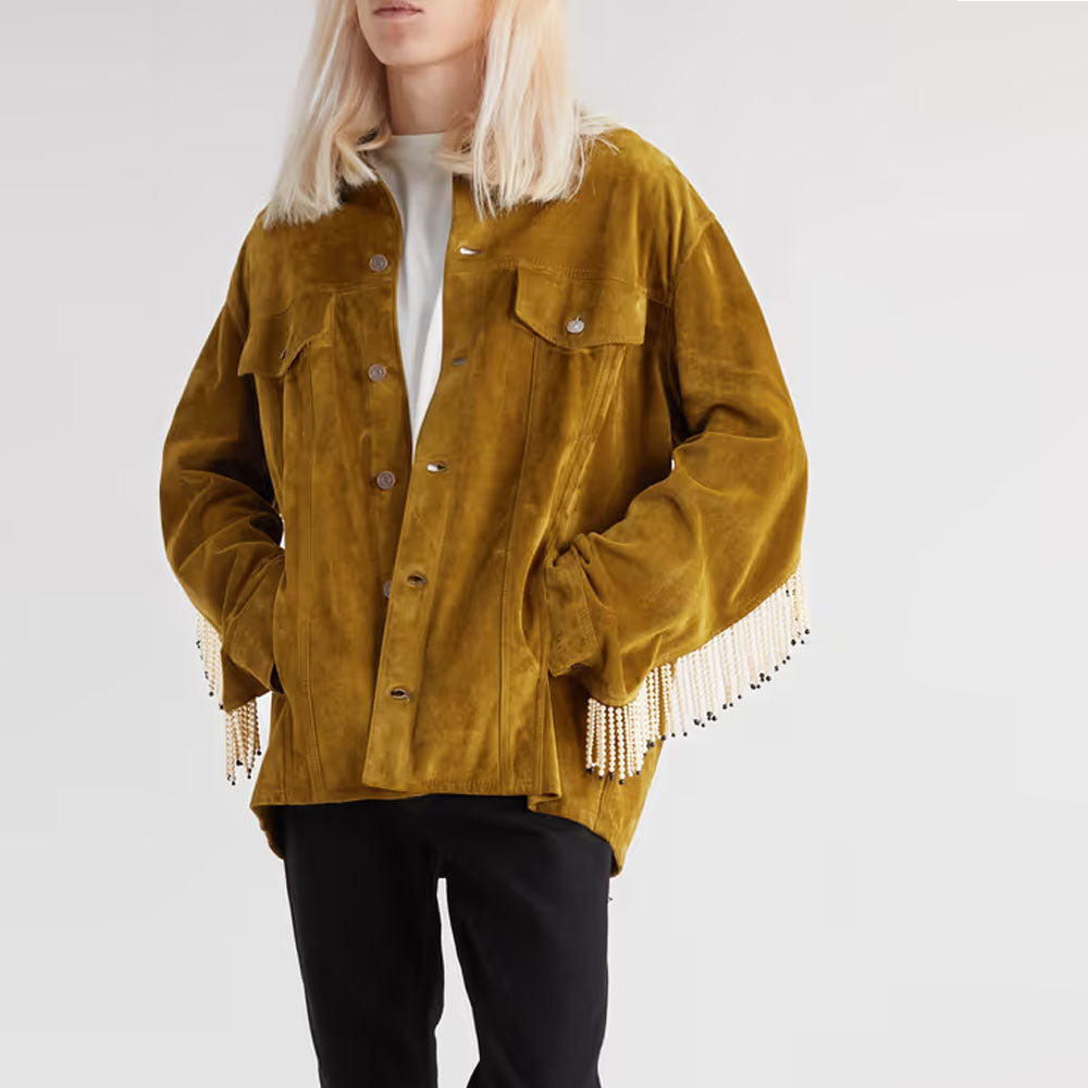 Men Brown Trucker Cowboy Faux Pearl Sheepskin Leather Jacket