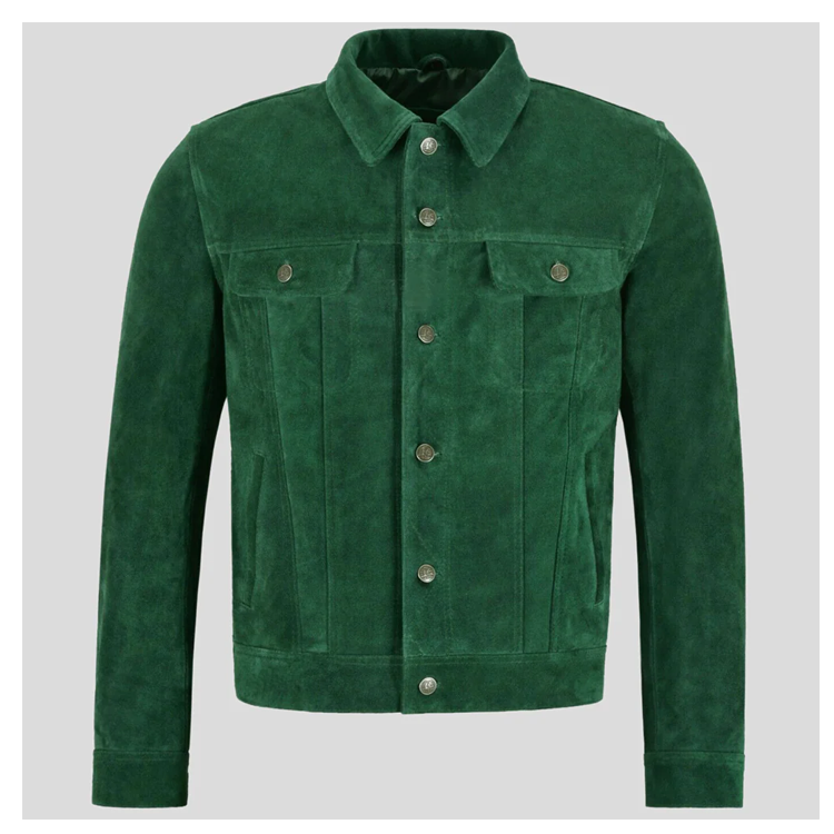 New Mens Green Sheepskin Trucker Style Suede Leather Jacket