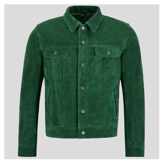 New Mens Green Sheepskin Trucker Style Suede Leather Jacket