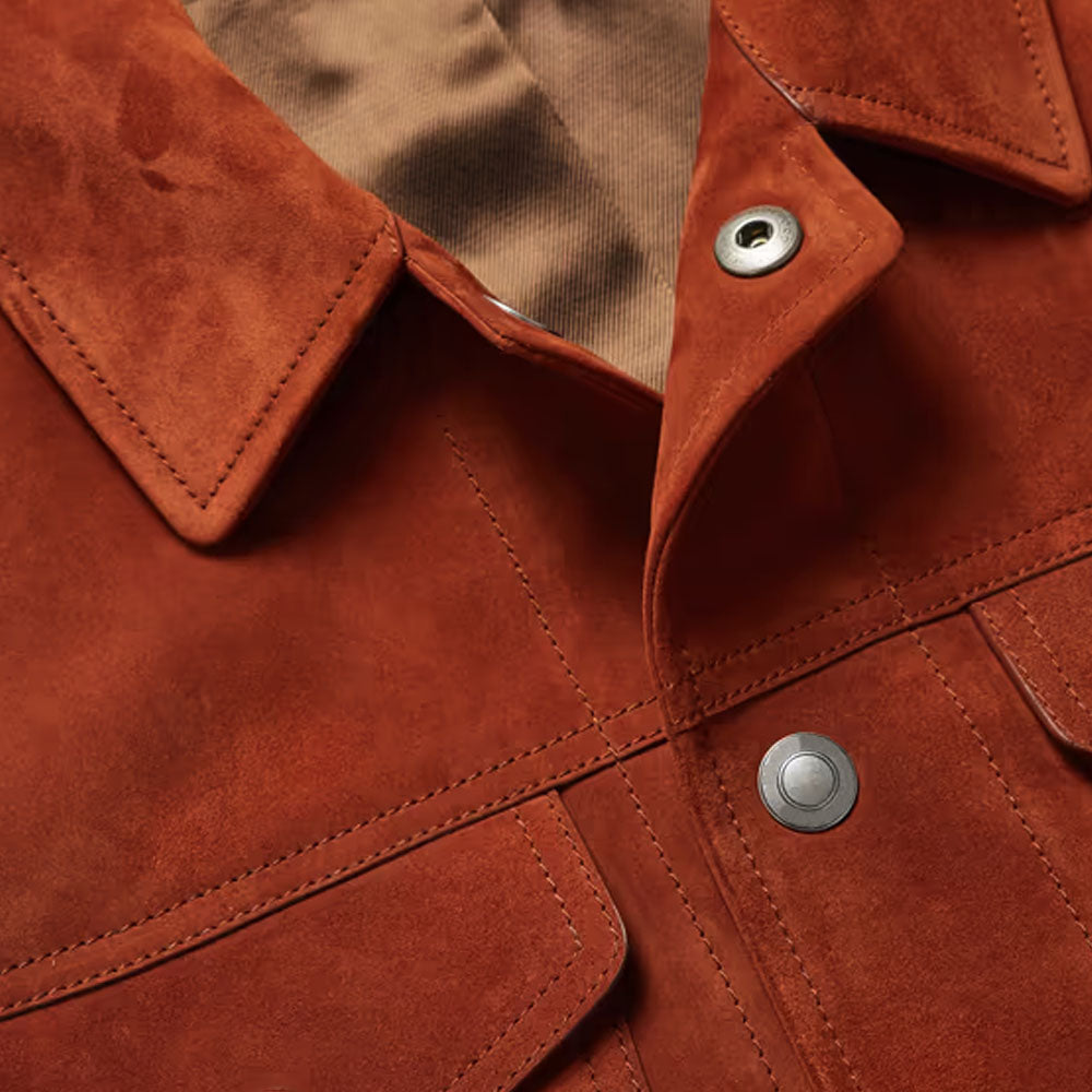 Sheepskin Red Trucker Suede Leather Jacket