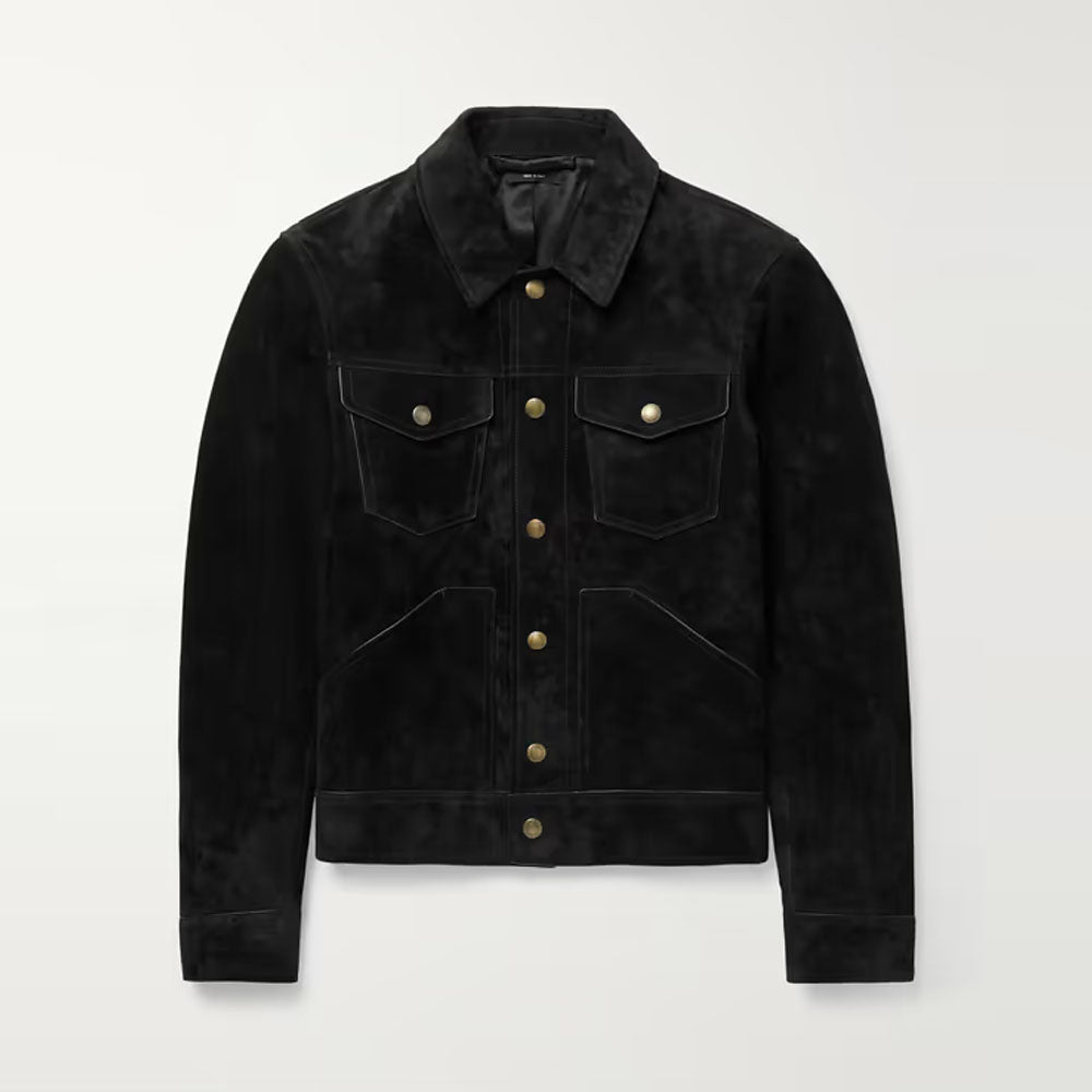 Men Black Lambskin Trucker Suede Leather Jacket