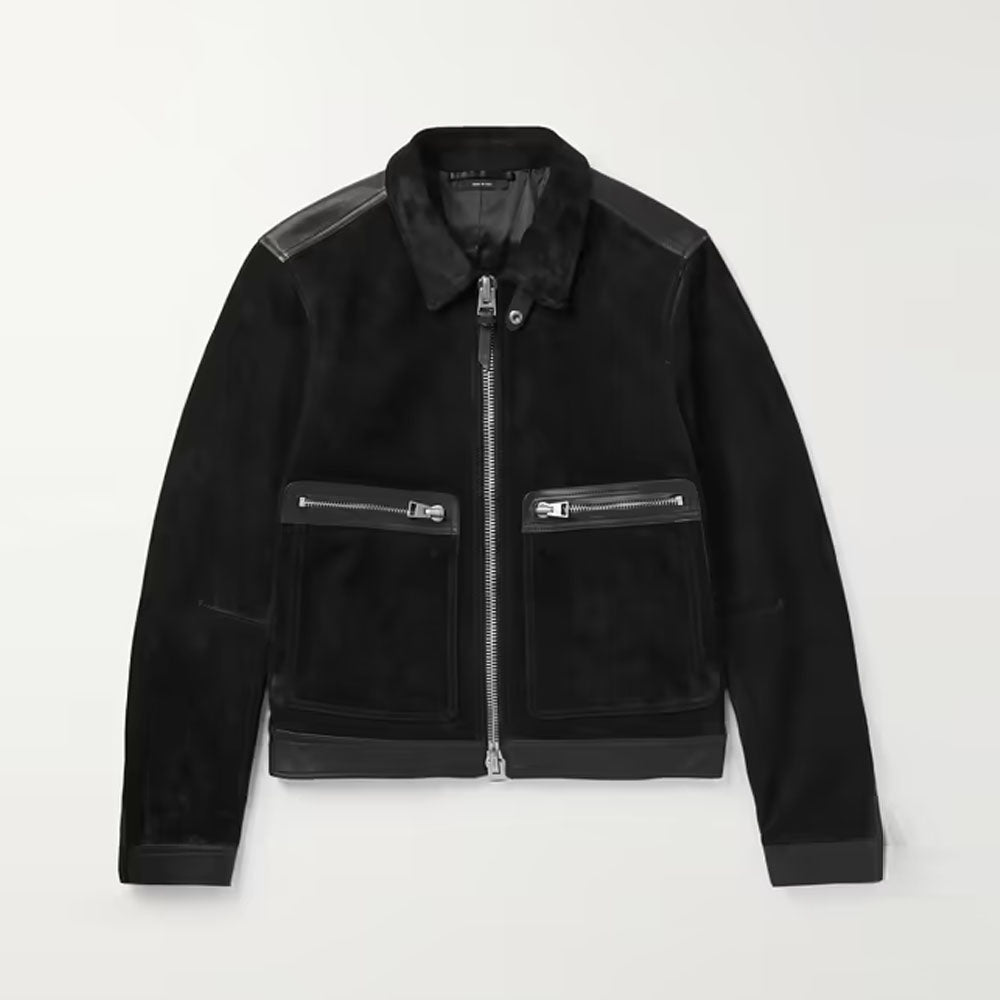 Men Black Suede Bomber Trimmed Sheepskin Leather Jacket