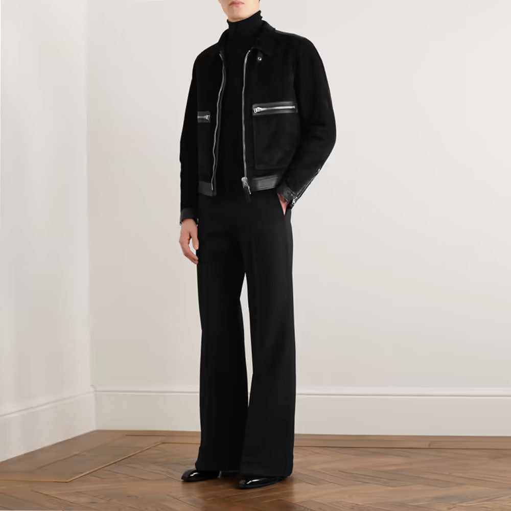 Men Black Suede Bomber Sheepskin Leather Jacket