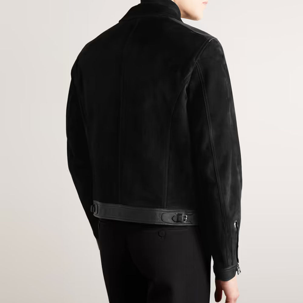 Black Suede Bomber Trimmed Sheepskin Leather Jacket
