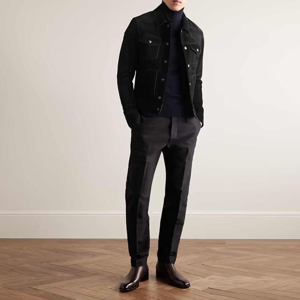 Men Black Lambskin Trucker Leather Jacket