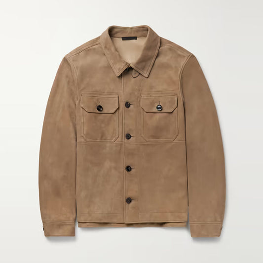 Men's Leather Brown Suede Sheepskin Trucker Jacket