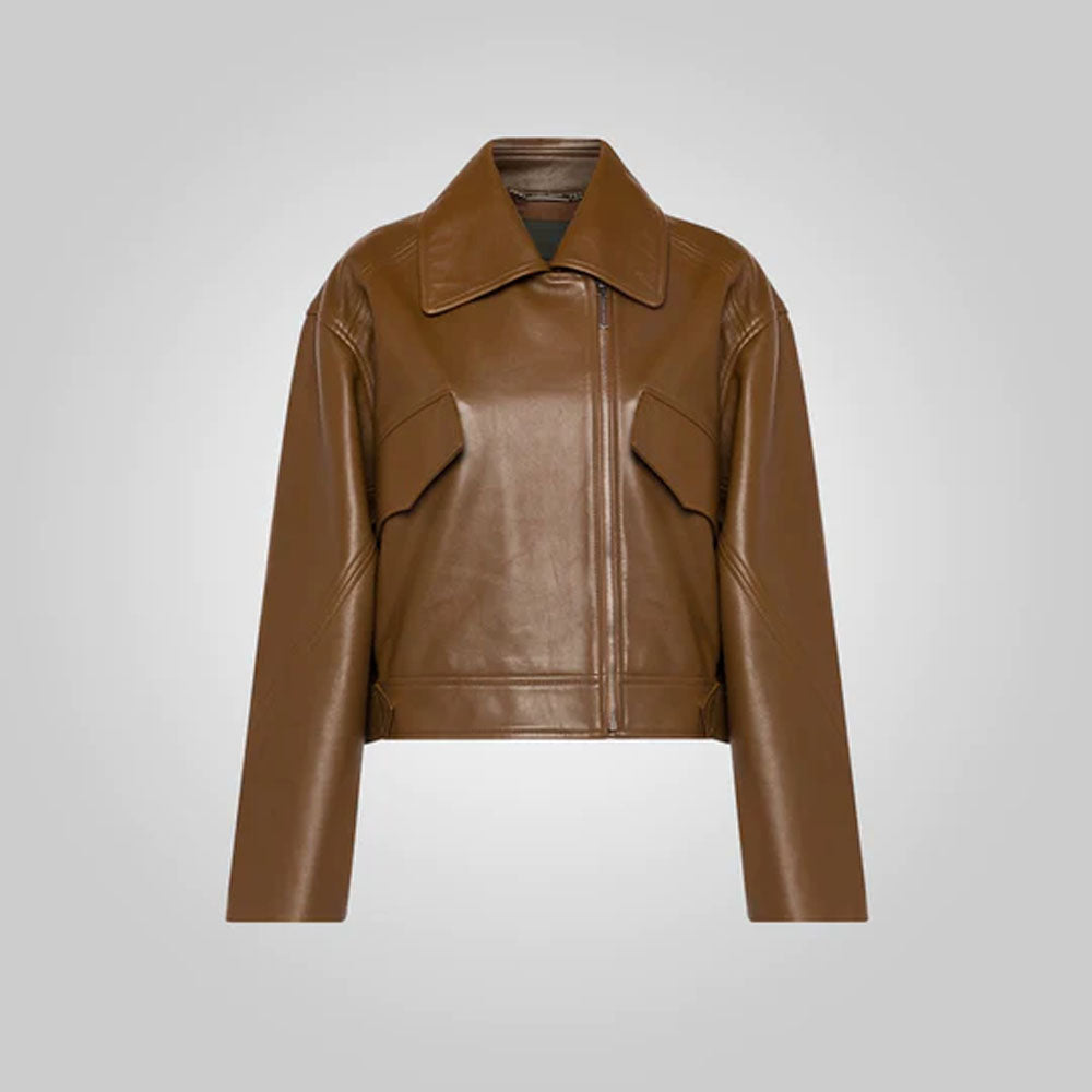 Women Pointed Collar Brown Goatskin Plain Leather Jacket