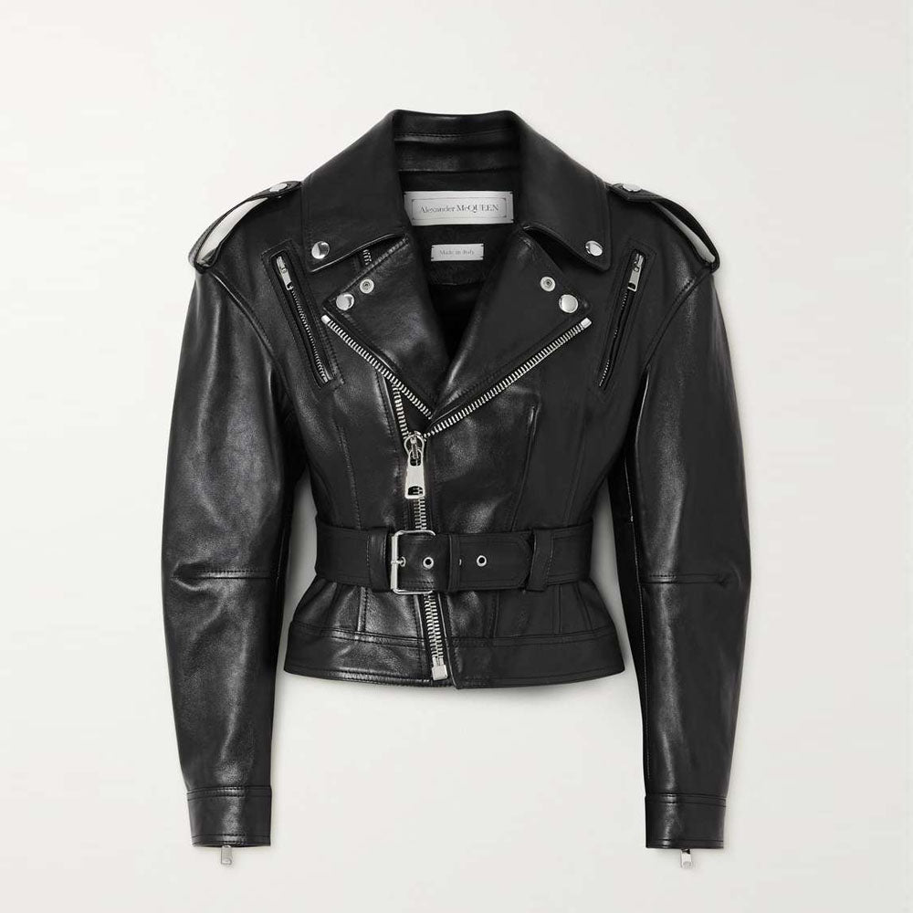 Women Black Belted Lambskin Motorbike Leather Biker Jacket