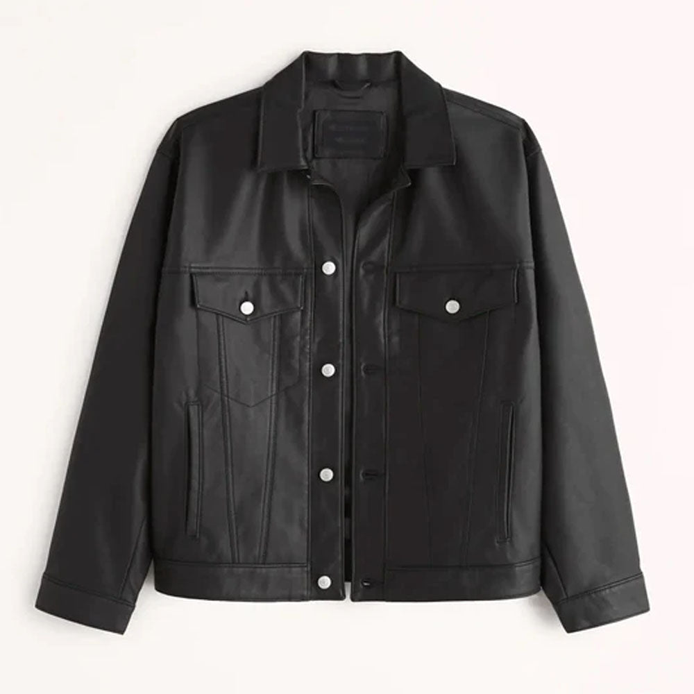 Black Men Trucker Plain Leather Jacket