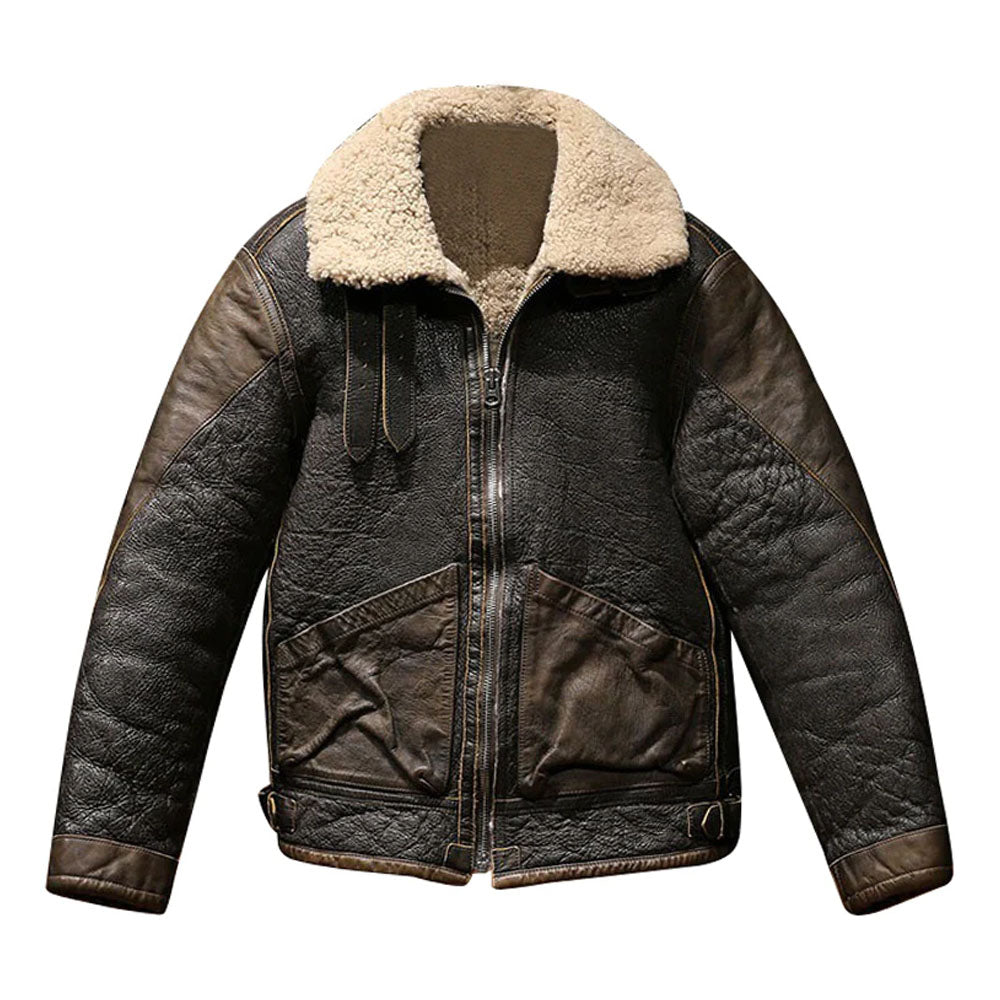 Men Sheepskin Bomber Flight Military Airforce Aviator Shearling Leather Jacket