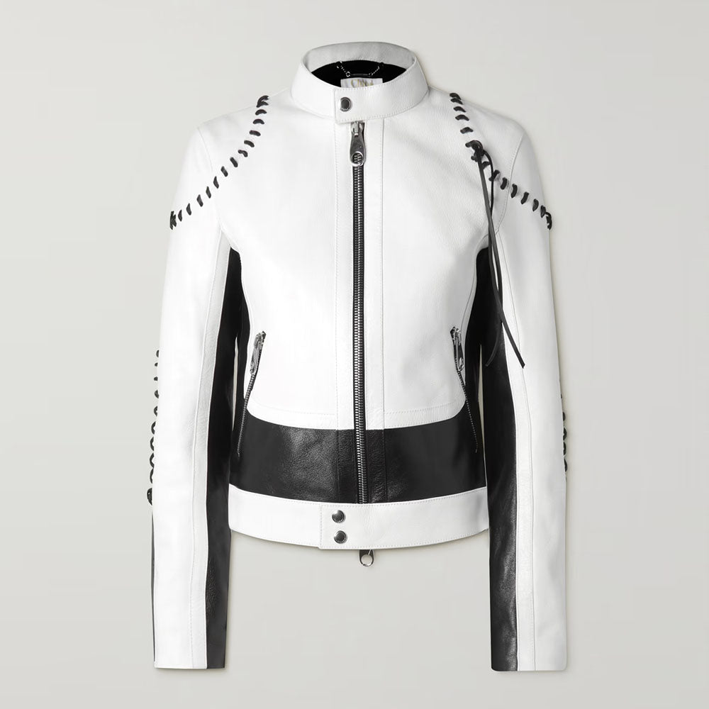 Women Two-tone Sheepskin Motorcycle Biker Leather Jacket