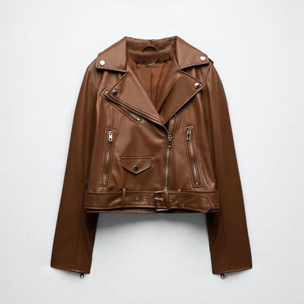 Women Biker Motorcycle Sheepskin Brown Leather Jacket