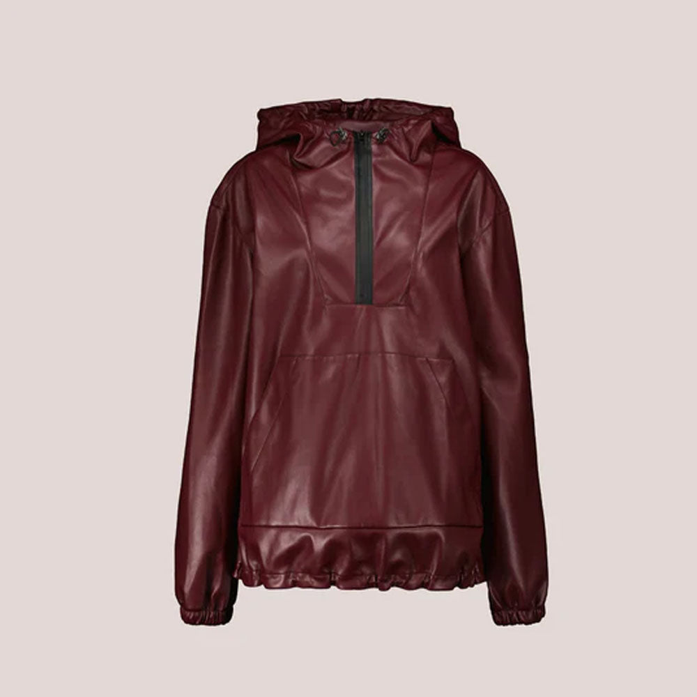 Red Hooded Women Bomber Lambskin Leather Jacket