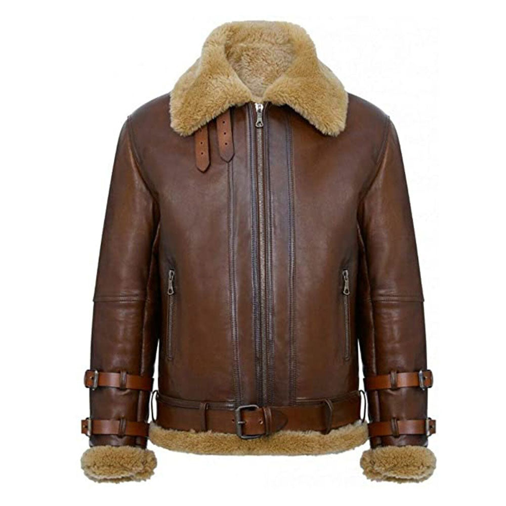 Men Aviator Flight Sheepskin Pilot B3 Bomber Brown Shearling Leather Jacket