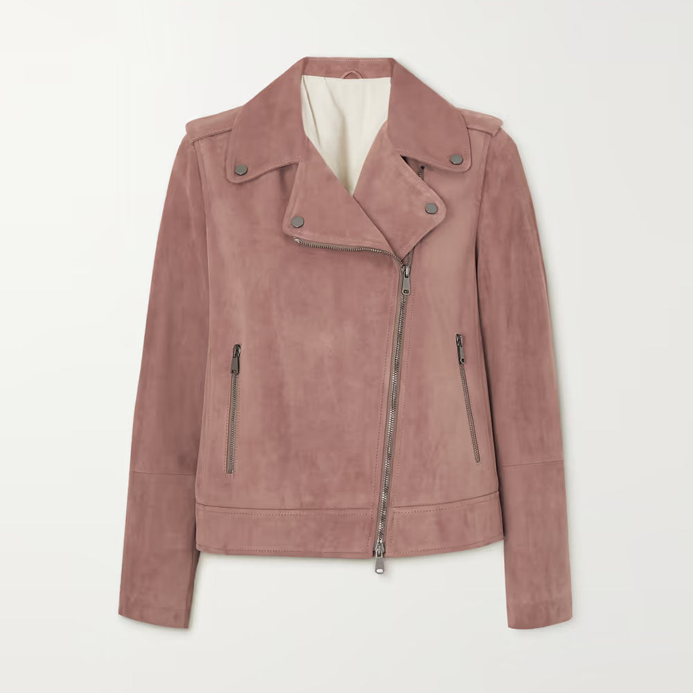 Women Pink Suede Motorcycle Leather Biker Jacket