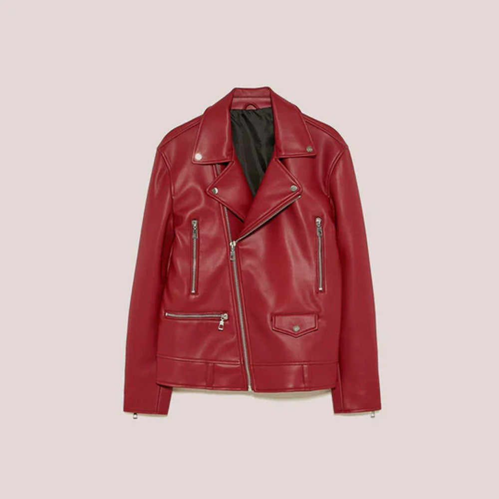 Women Sheepskin Red Biker Leather Jacket