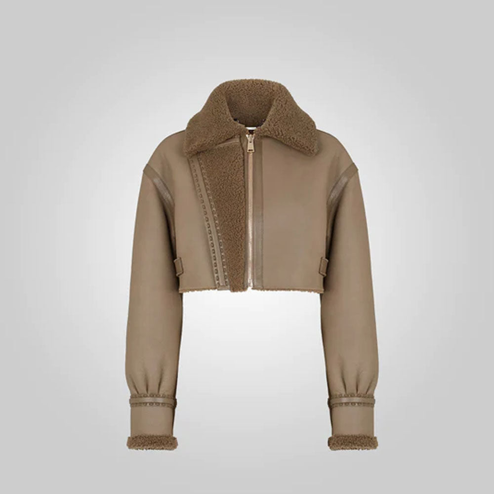 Women Sheepskin Cropped Fur Brown Leather Jacket