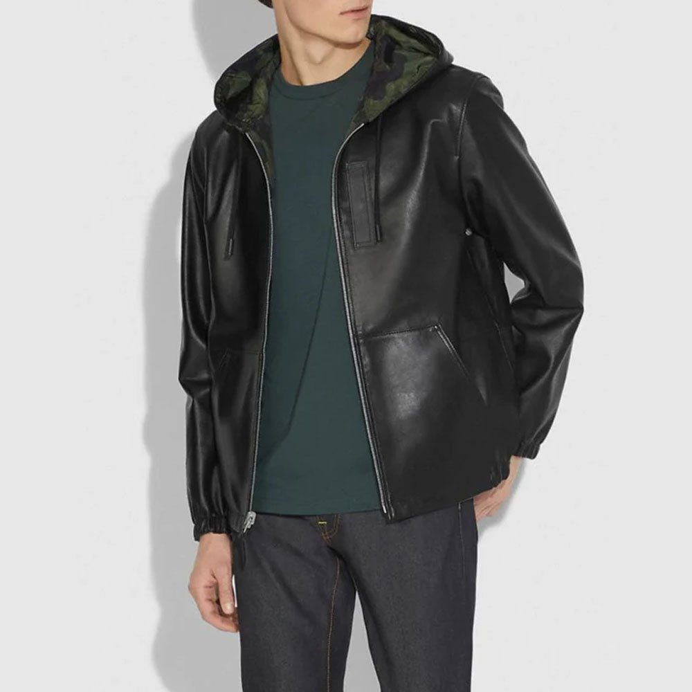 Black Sheepskin Hooded Bomber Leather Jacket