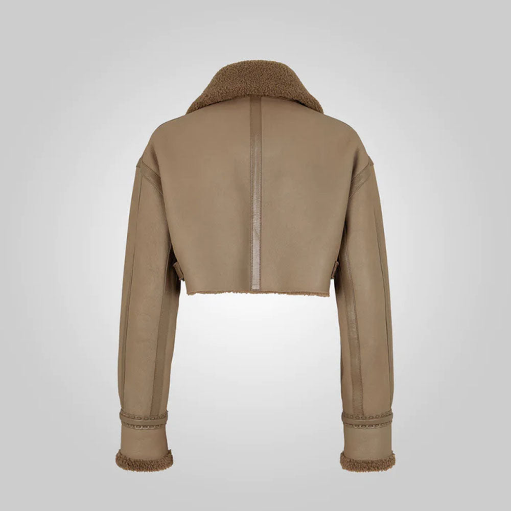 Women Sheepskin Cropped Brown Leather Jacket