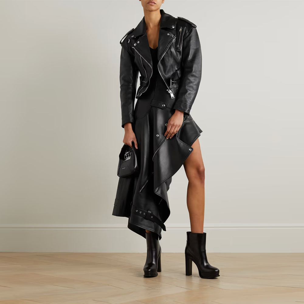 Women Black Belted Lambskin Motorbike Leather Jacket