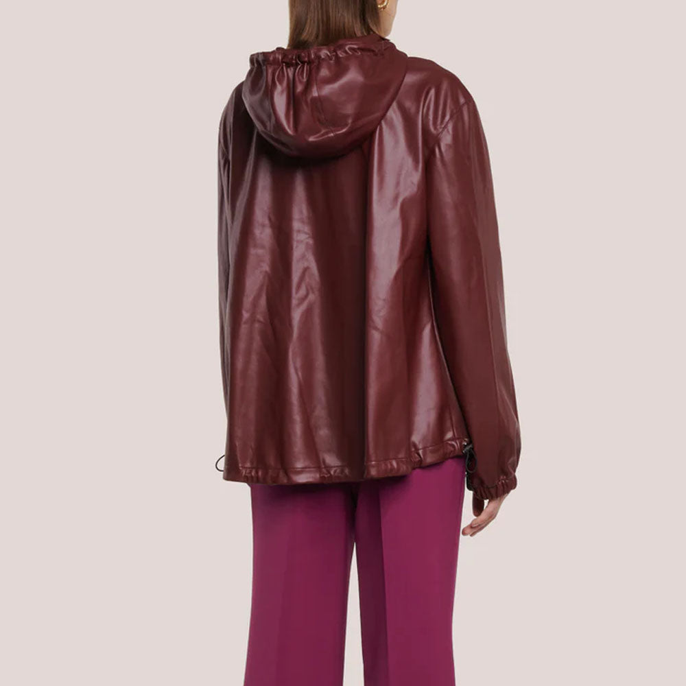 Red Hooded Women Lambskin Leather Jacket