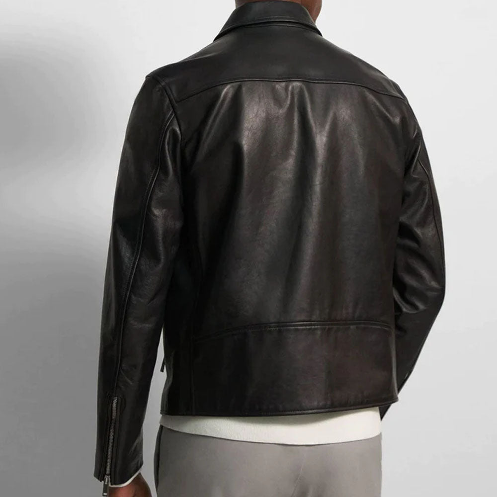 Shirt Style Black Pointed Collar Leather Jacket