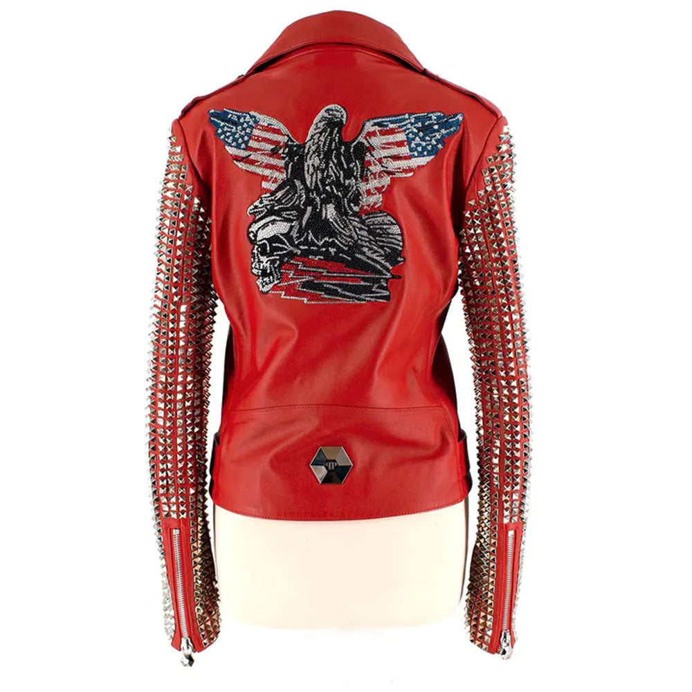 Women Red New Motorcycle Studded Fashion Leather Jacket