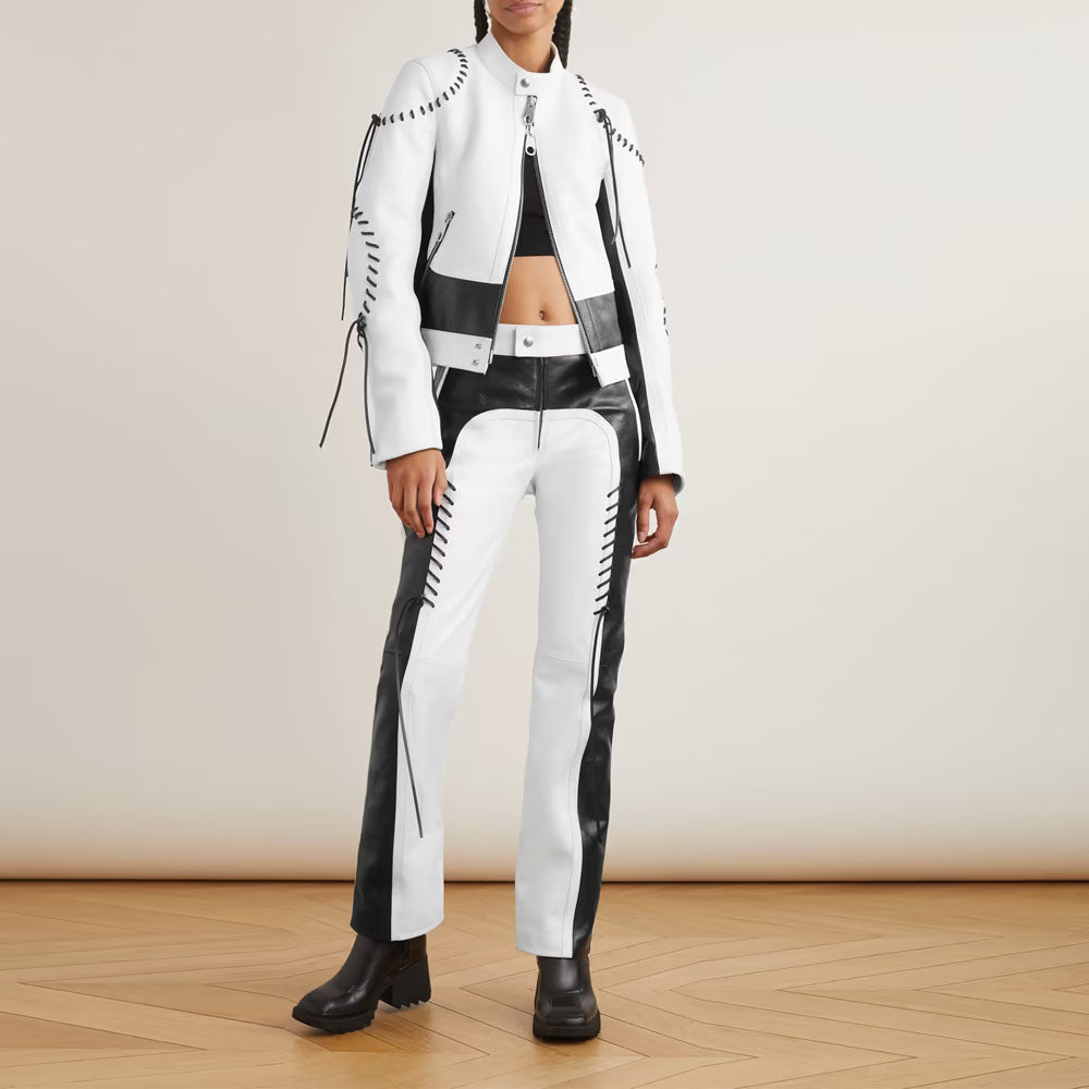 Women Two-tone Sheepskin Motorcycle Leather Jacket