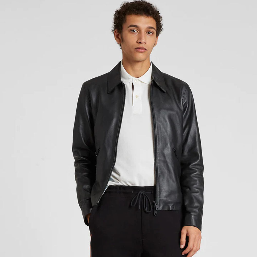 Black Sheepskin Down Collar Black Leather Jacket