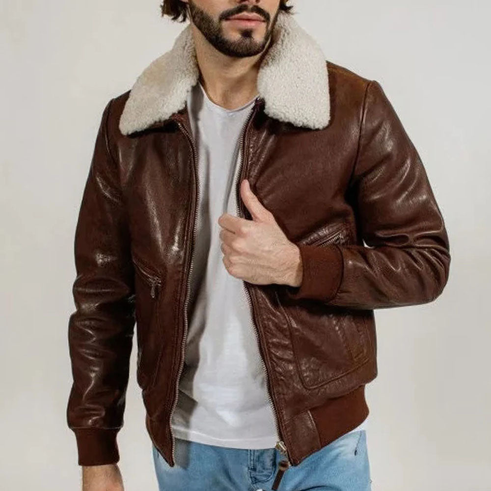 Men B3 Bomber Aviator Airforce Flying Shearling Collar Leather Jacket