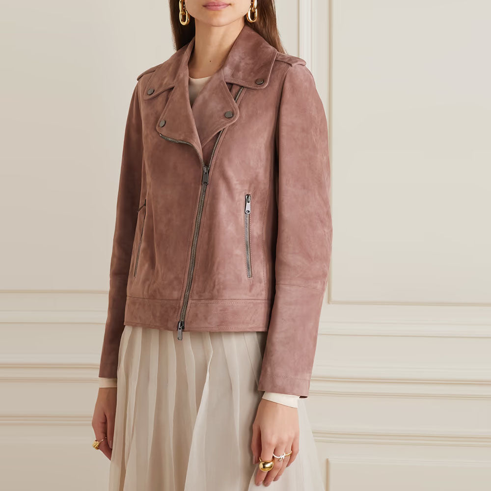 Women Pink Suede Leather Biker Jacket