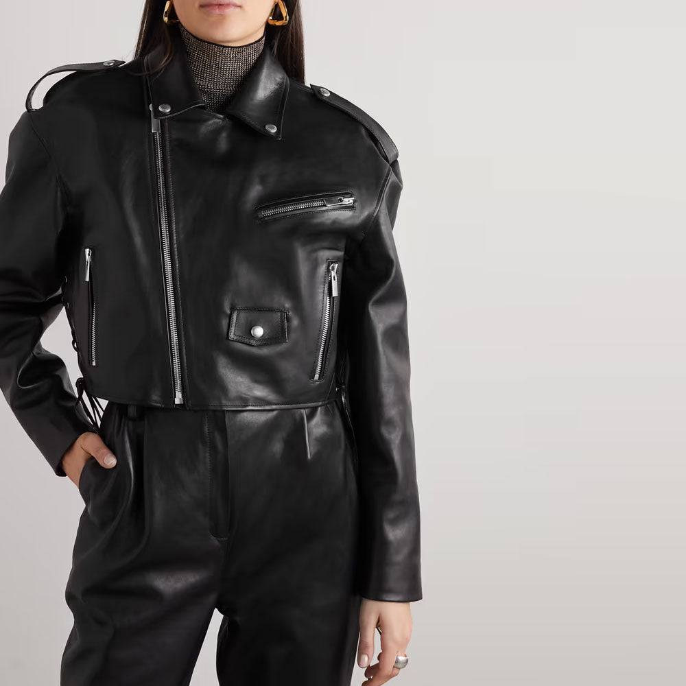 Black Sheepskin Motorbike Biker Leather Jacket