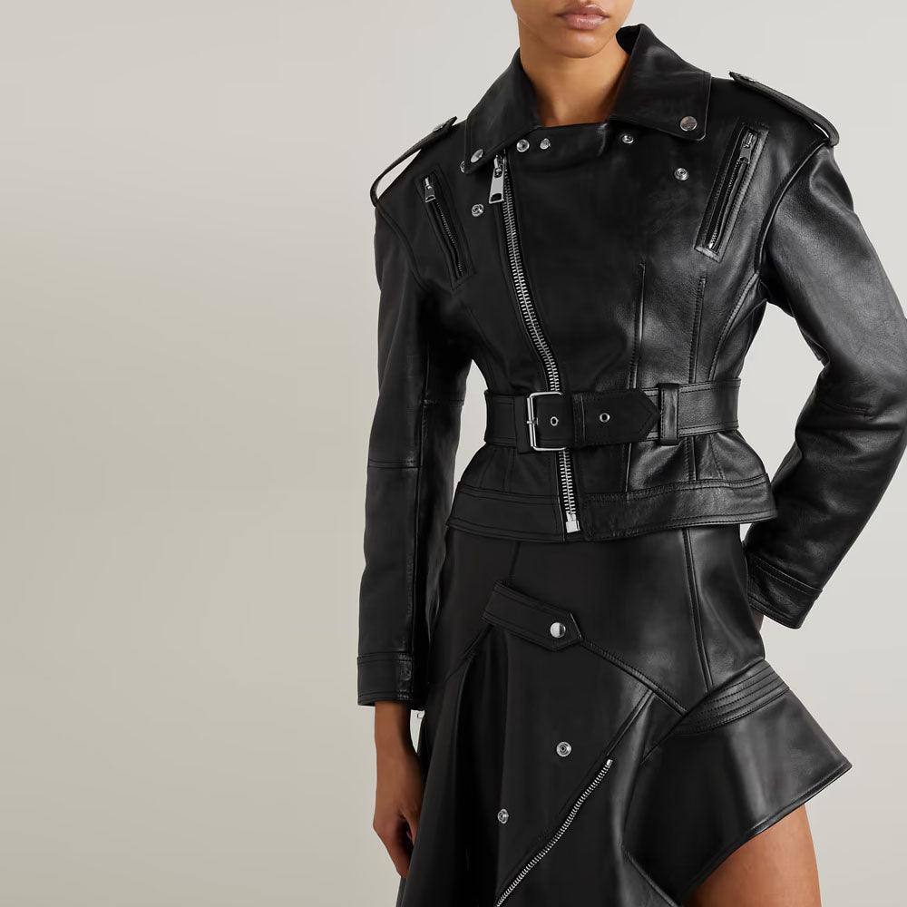 Black Belted Lambskin Motorbike Leather Biker Jacket