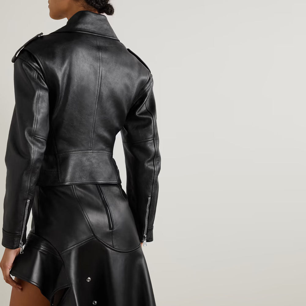 Women Belted Lambskin Motorbike Leather Biker Jacket