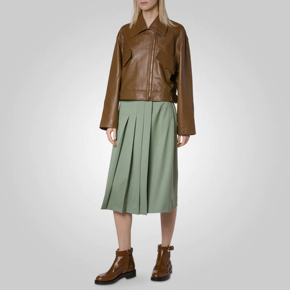 Women Pointed Collar Goatskin Plain Leather Jacket