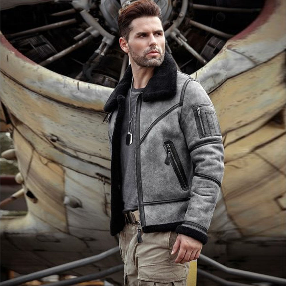 Mens Aviator Bomber Coat Flying RAF Sheepskin Airforce Leather Jacket