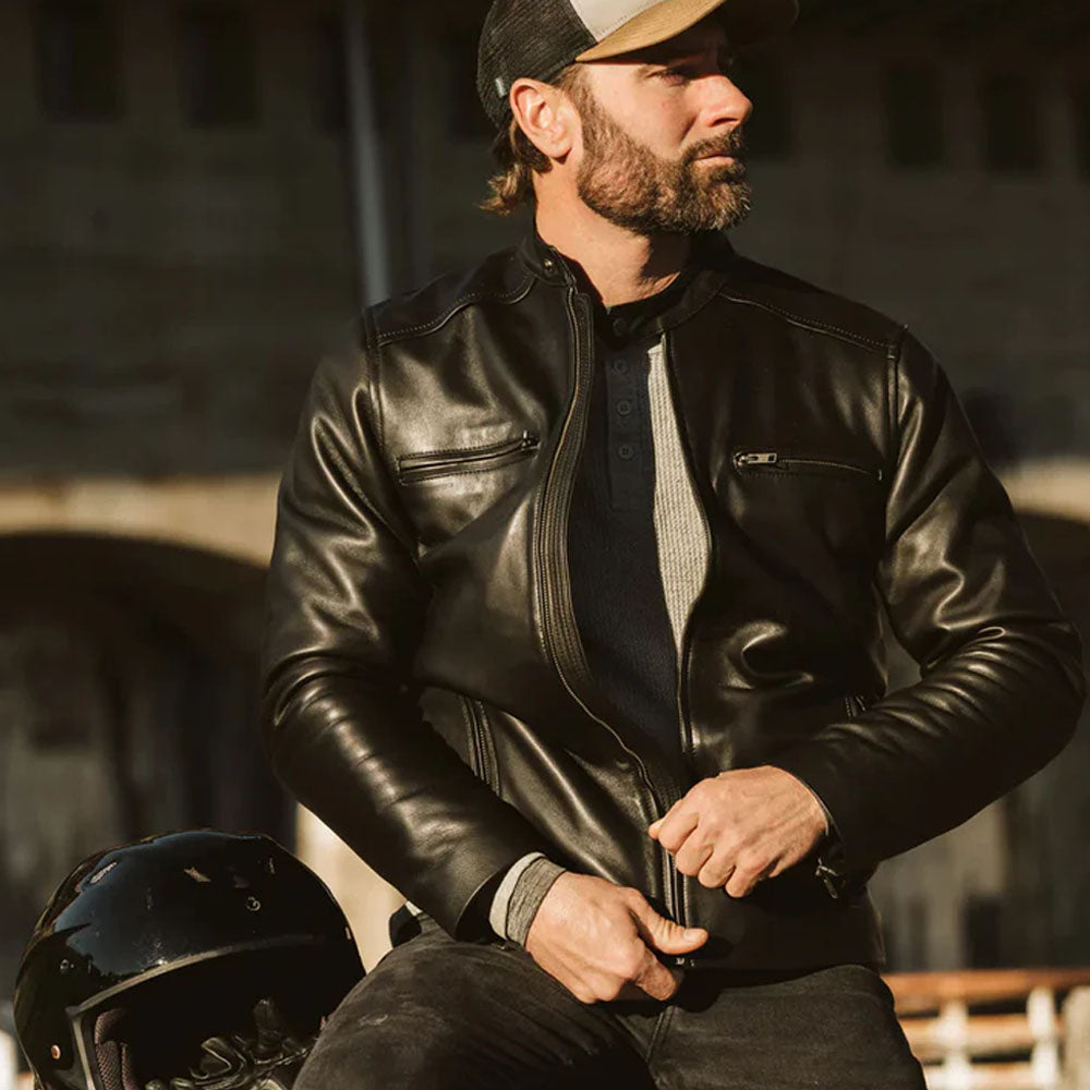 Men Moto Riding Black Leather Jacket