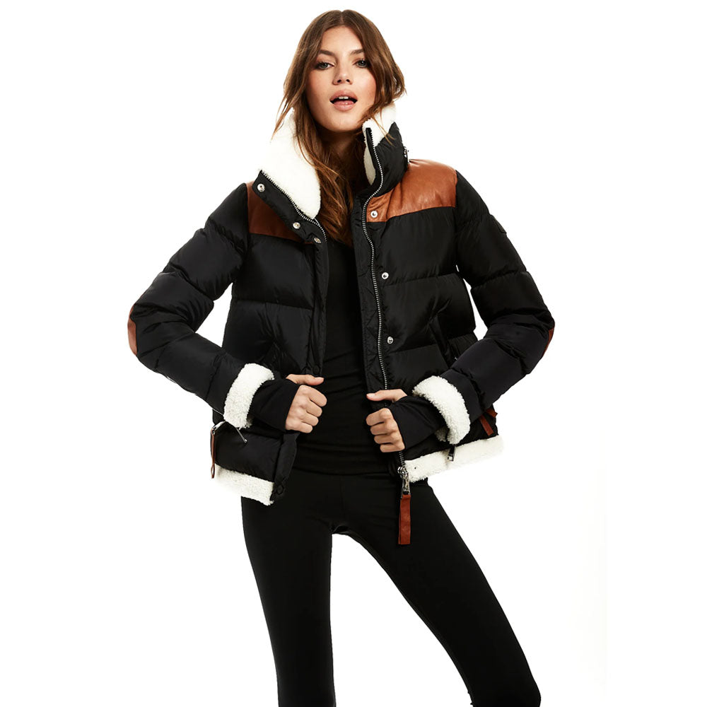Women's Puffer Black Bubble Sheepskin Fur Collar Leather V-Bomber Jacket
