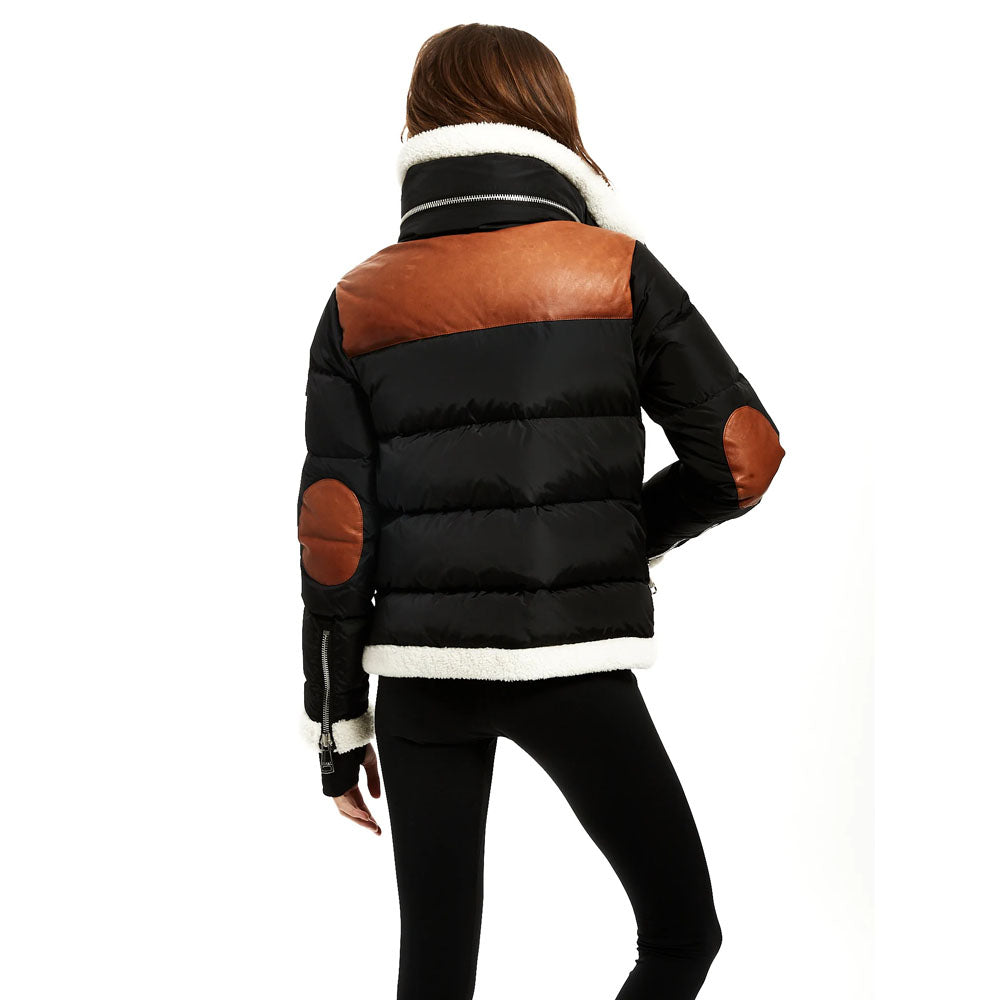 Puffer Black Bubble Sheepskin Fur Collar Leather V-Bomber Jacket