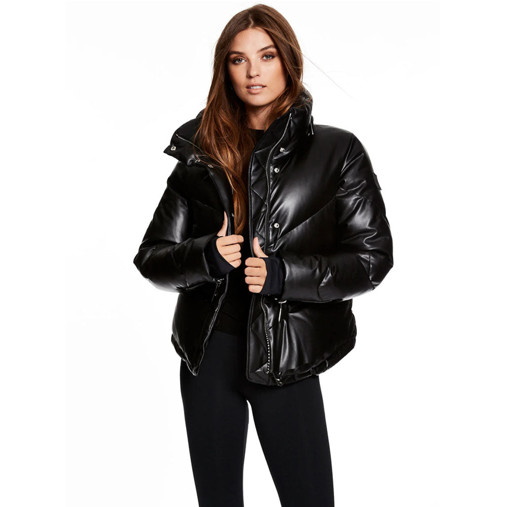Women Bubble Black V-Bomber Leather Jacket