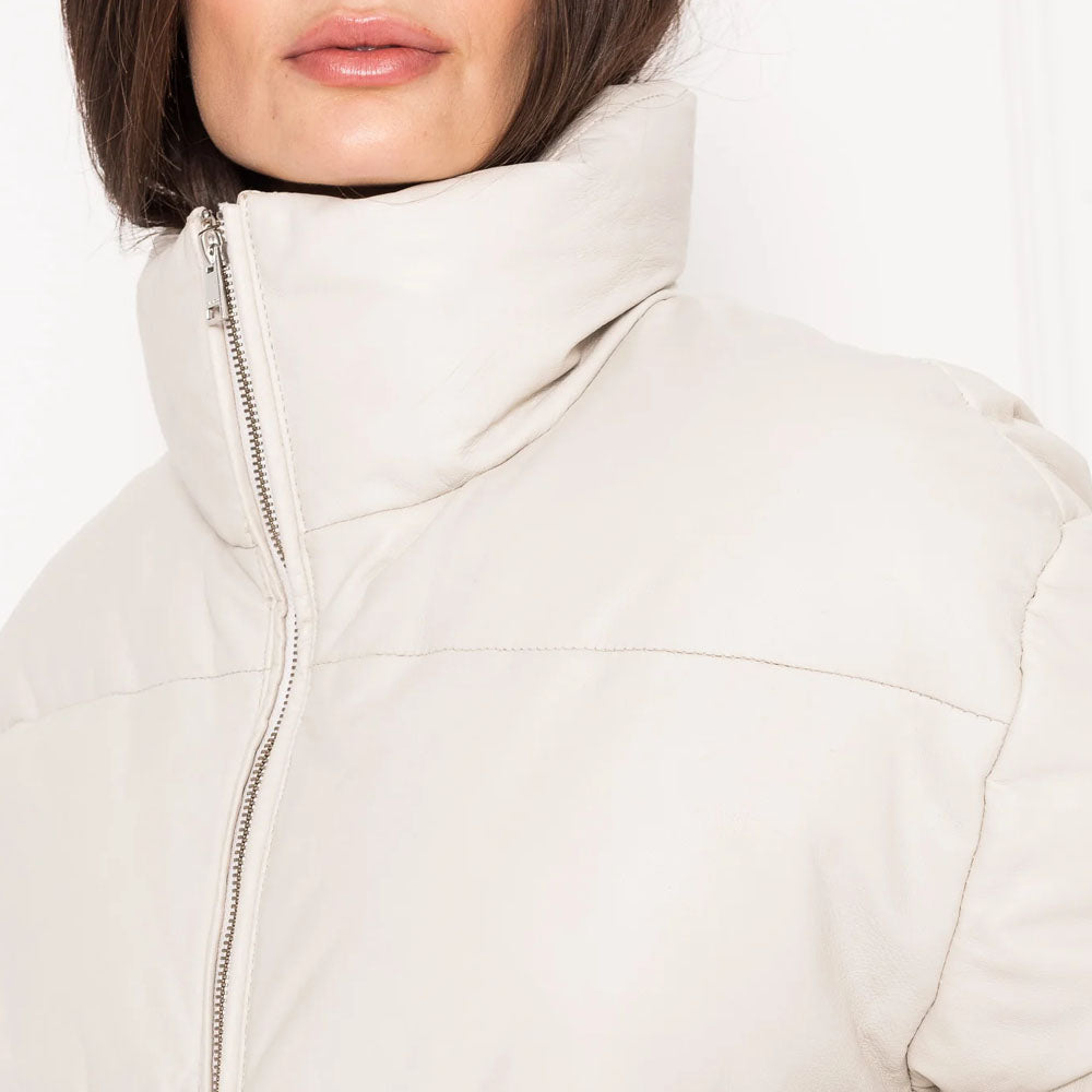 Women Bone White Bubble Sheepskin V-Bomber Puffer Leather Jacket