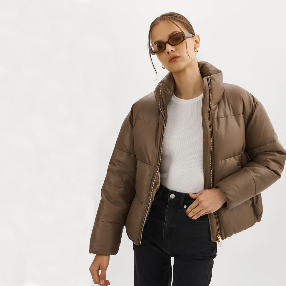 Women Brown Lambskin Puffer Bubble Leather V-Bomber Jacket