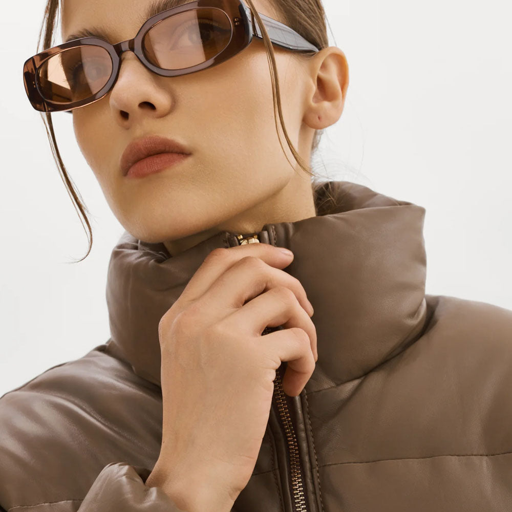 Women Brown Puffer Bubble Leather V-Bomber Jacket