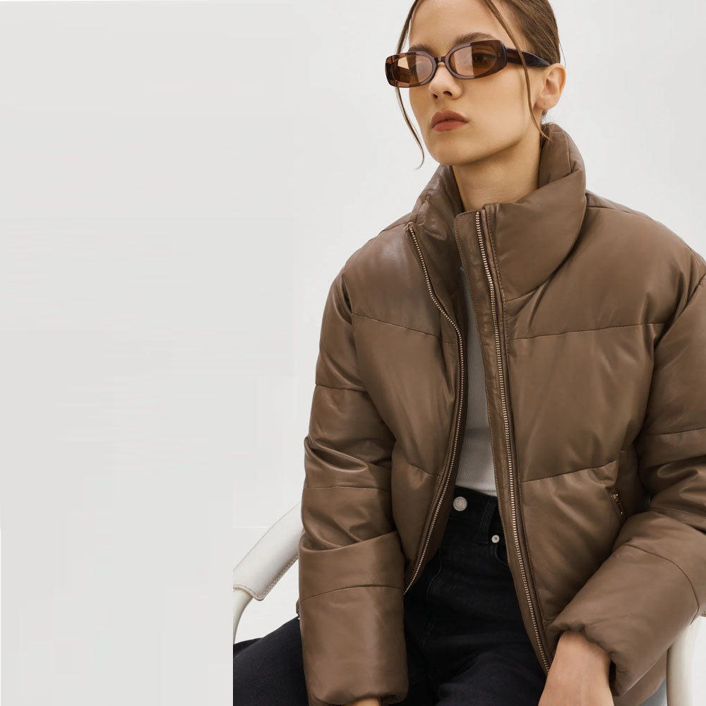Women Brown Lambskin Puffer Bubble Leather V-Bomber Jacket