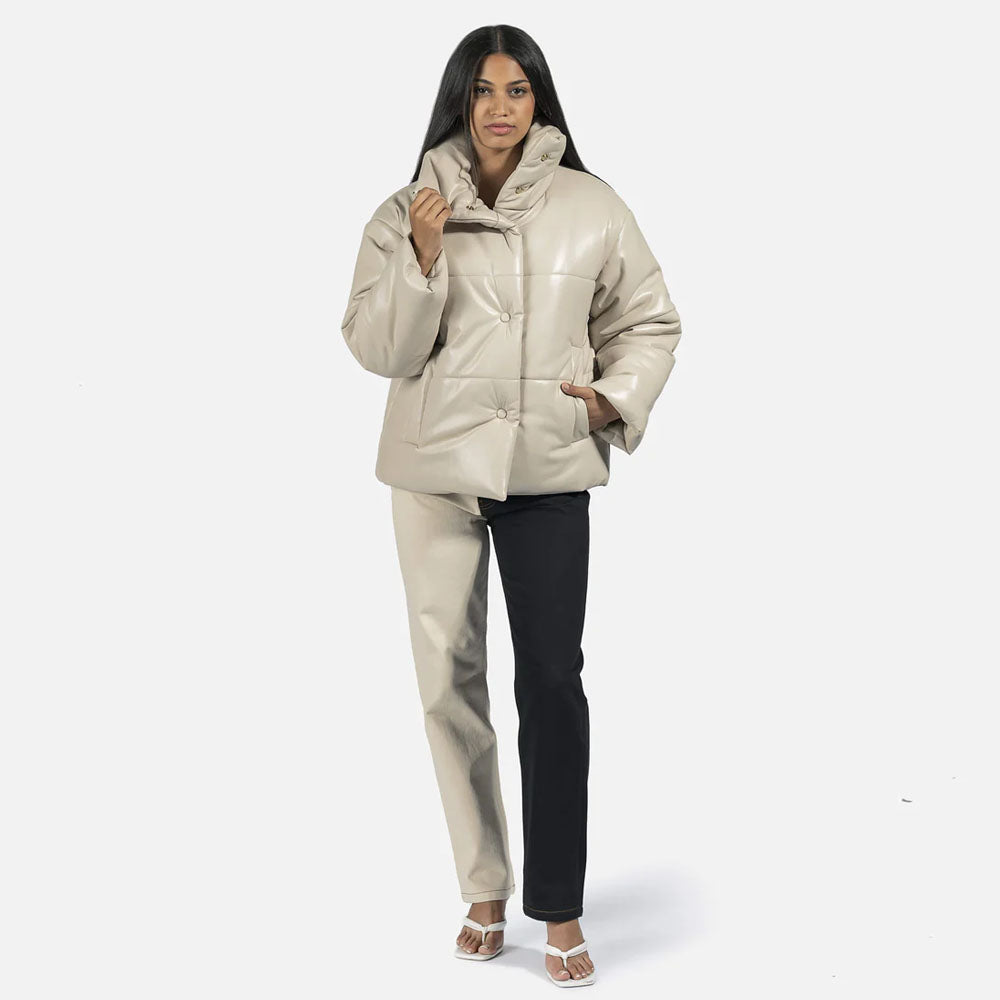 Women Cream Sheepskin Bubble Puffer Leather V-Bomber Leather Jacket