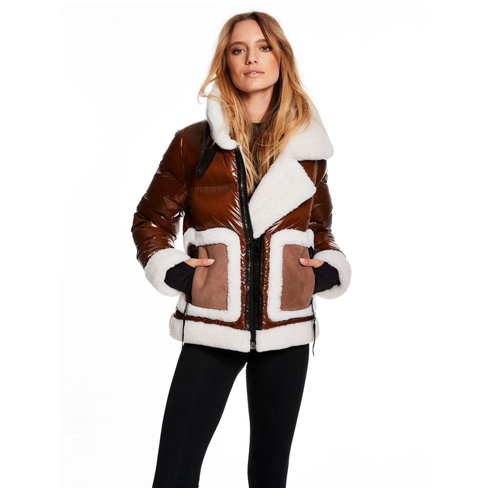 Women Bubble Puffer Brown Leather V-Bomber Jacket