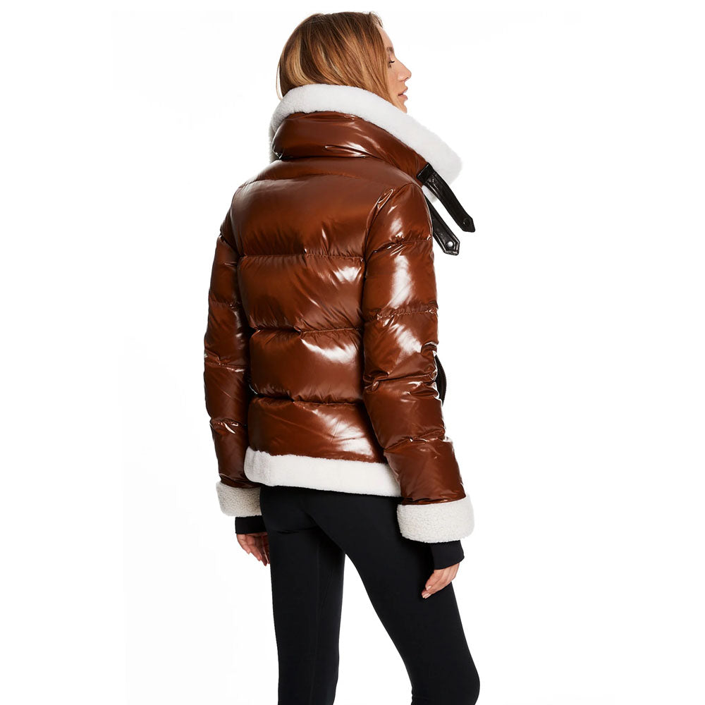 Women Bubble Brown Fur Leather V-Bomber Jacket