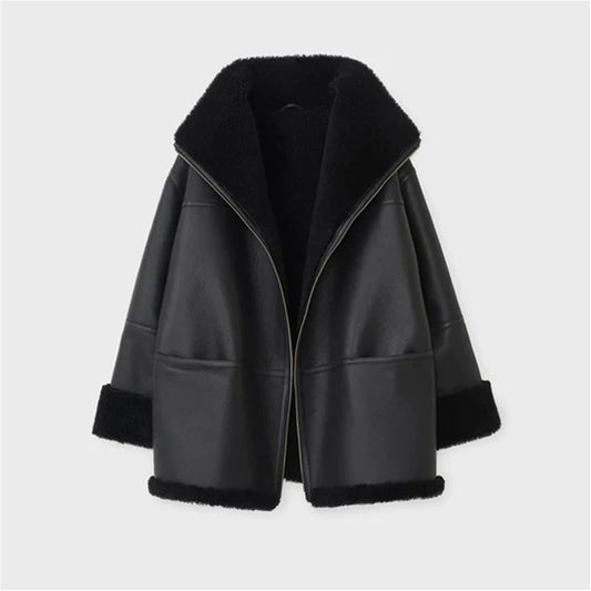 Women Black Aviator Fur Collar B3 Flight Sheepskin RAF Shearling Leather Jacket