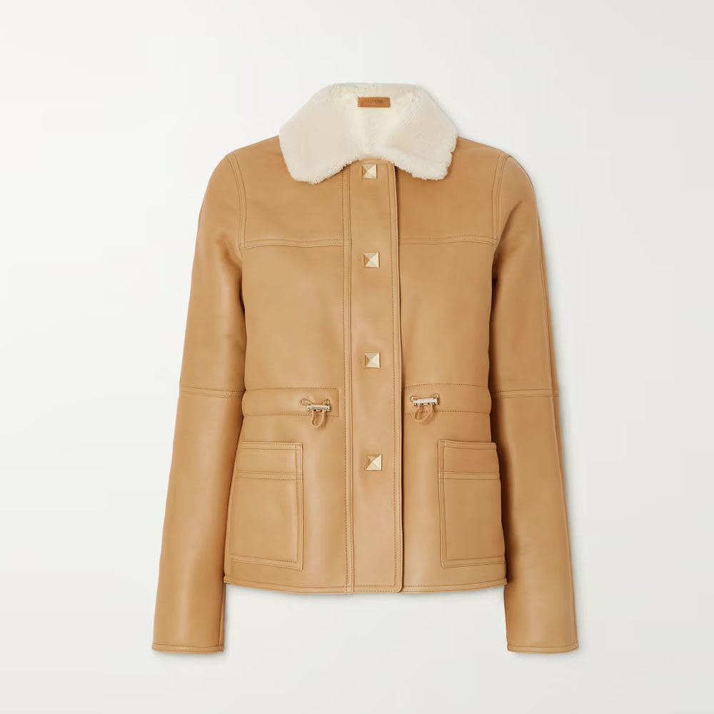 Women Brown Aviator Flight RAF Sheepskin Fur Shearling Leather Jacket